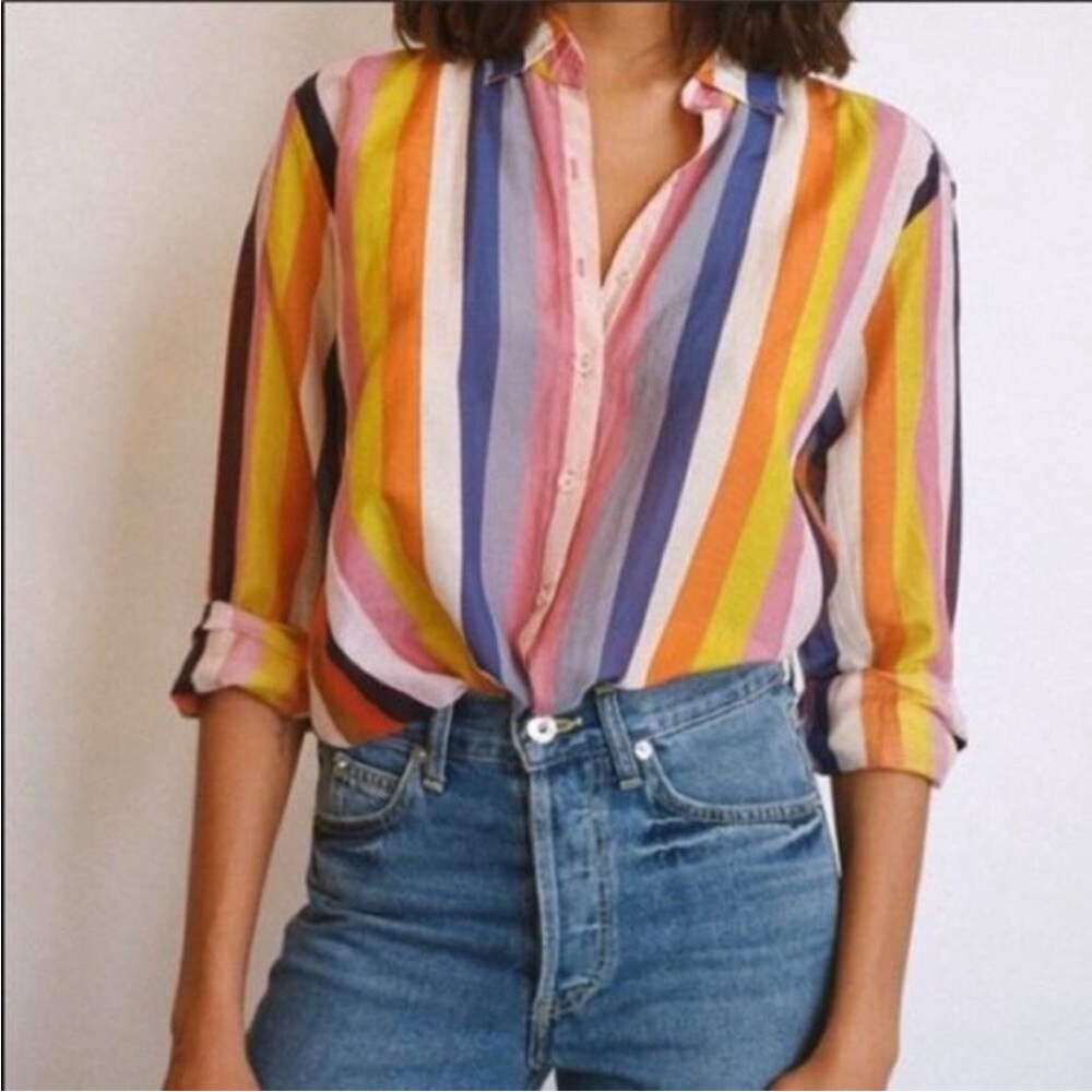 XiRENA Beau Barcelona Colorful Stripe Button Shirt Cotton Silk‎